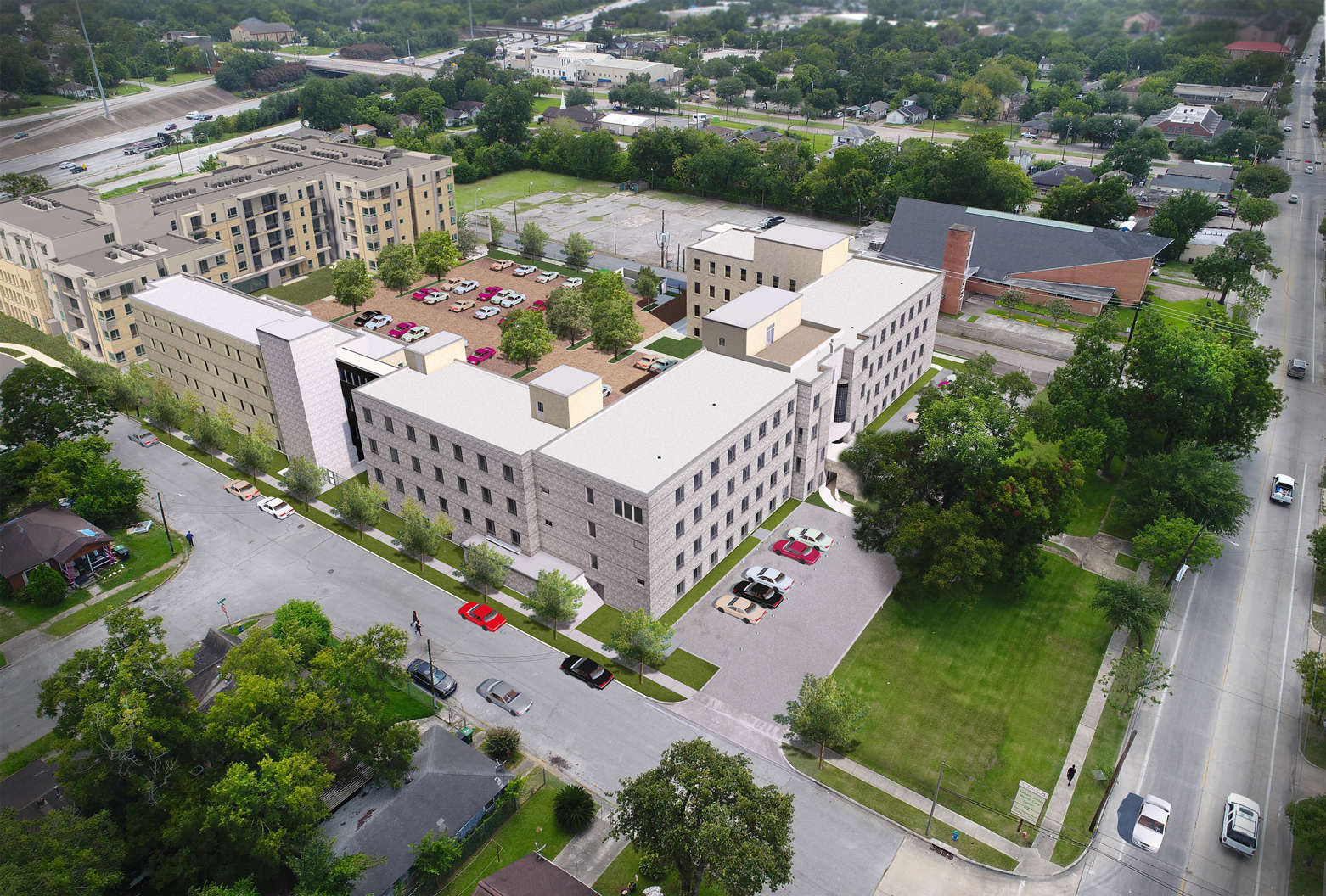 Rendering of St. Elizabeth Place, Northeast corner, Looking southwest towards Downtown. The historic hospital is in front and a second phase is visible towards I-10.